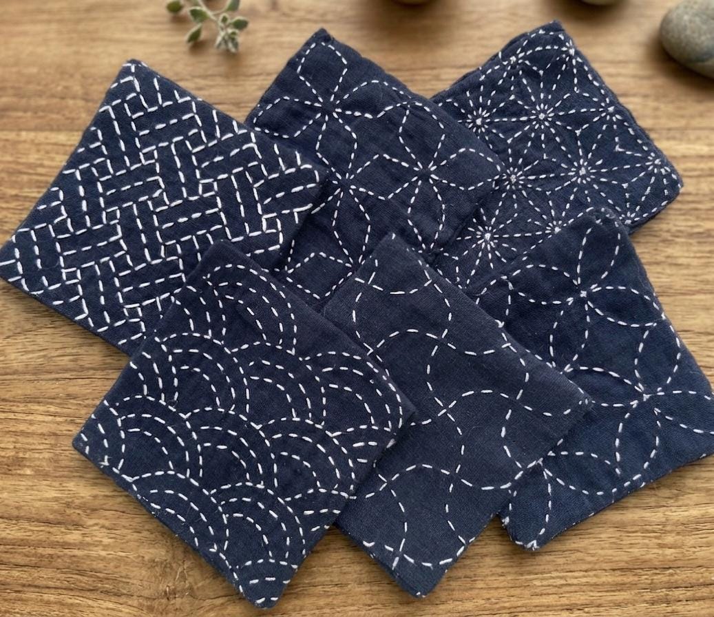 Sashiko Coaster Kit 6 Traditional Japanese Patterns Stick & Stitch Pre-printed Fabric Daruma Thread Needle Beginner Friendly