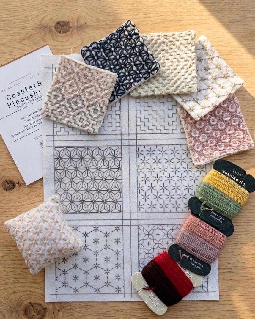 Sashiko Embroidery Kit — Coaster & Pincushion | Mini Sampler with Authentic Thread & Needle