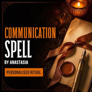 May include: A stack of aged parchment paper tied with a brown ribbon, featuring a wax seal, a gold fountain pen, and a lit candle. The text reads: COMMUNICATION SPELL BY ANASTASIA PERSONALISED RITUAL. The background is dark with ornate patterns.