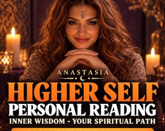 Op de afbeelding: Een digitale afbeelding met de tekst ANASTASIA HIGHER SELF PERSONAL READING INNER WISDOM - YOUR SPIRITUAL PATH SAME HOUR DELIVERY. De afbeelding toont een persoon met lang golvend haar en een voorhoofdornament, geflankeerd door twee kaarsen.