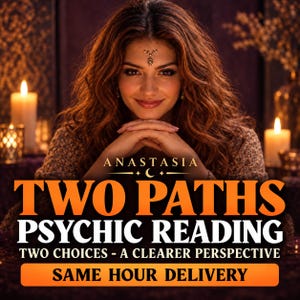 May include: A digital graphic featuring a person with long wavy brown hair and a forehead ornament. Text reads: ANASTASIA TWO PATHS PSYCHIC READING TWO CHOICES - A CLEARER PERSPECTIVE SAME HOUR DELIVERY. The background includes two lit candles.