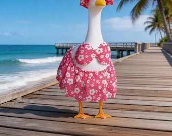 Conjunto de disfraz de ganso de jardín, conjunto rosa de disfraz de ganso de jardín, atuendo tropical floral estilo bikini para gansos de jardín, sombrero para el sol + top de bikini + falda con volantes