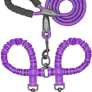 Puede incluir: Una correa para perros de cuerda morada y blanca con un asa acolchada negra y dos enganches. La correa tiene un diseño en espiral y un cierre metálico para una fácil fijación al collar o arnés del perro.