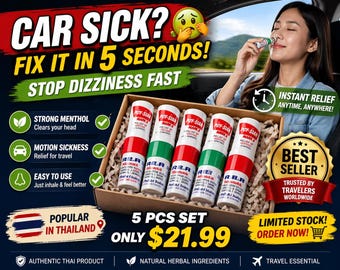 Tajski inhalator ziołowy (Poy-Sian) 5 szt. – ulga w zawrotach głowy, środek na chorobę lokomocyjną, inhalator do nosa, sztyft aromaterapeutyczny, niezbędny w podróży po Tajlandii