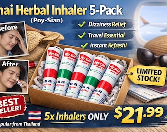 Inhalador de hierbas tailandesas (Poy-Sian) Paquete de 5 – Alivio del mareo, remedio para el mareo por movimiento, inhalador nasal, varita de aromaterapia, artículo esencial para viajar a Tailandia.