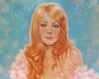 Pin Up Nude Pink Feather Boa Model Original Retro Pastel Painting 9 x 12 inches