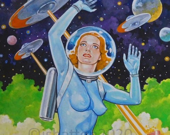 Original Artwork Pulp Pinup  Sci Fi  Painting 12 x 16