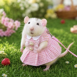 Könnte beinhalten: Eine weiße Ratte trägt ein rosa-weiß kariertes Kleid mit weißem Kragen, Spitzenbesatz und zwei perlmuttartigen Knöpfen. Das Kleid hat einen Metallverschluss, der an einer rosa Leine befestigt ist, und die Ratte steht auf einer grünen Grasfläche.