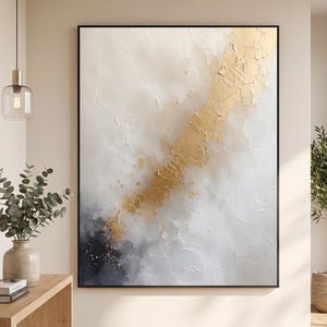 Grande toile abstraite à la feuille d'or, peinture texturée minimaliste beige crème, art noir, art abstrait neutre, décoration moderne pour salon