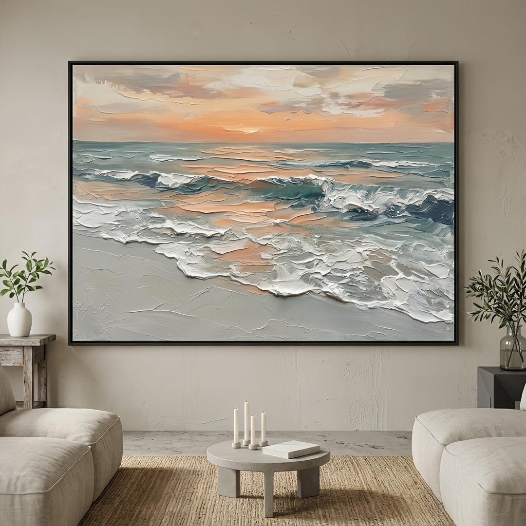 Large Abstract Sunset Beach Oil Painting Textured Ocean Wave Wall Art ...