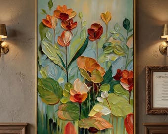 Lebendiges Orange Gelb Wildblumen Leinwand Wandkunst, große Wildblumen Wandkunst, Blumenmalerei, Wohnzimmer Dekor, strukturiertes Blumenölgemälde