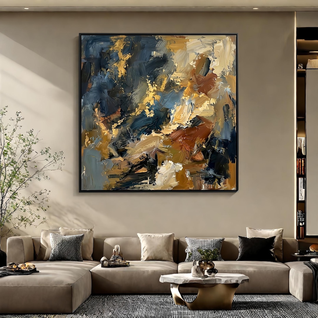 Large Modern Blue and Gold Abstract Oil Painting,original Texture ...