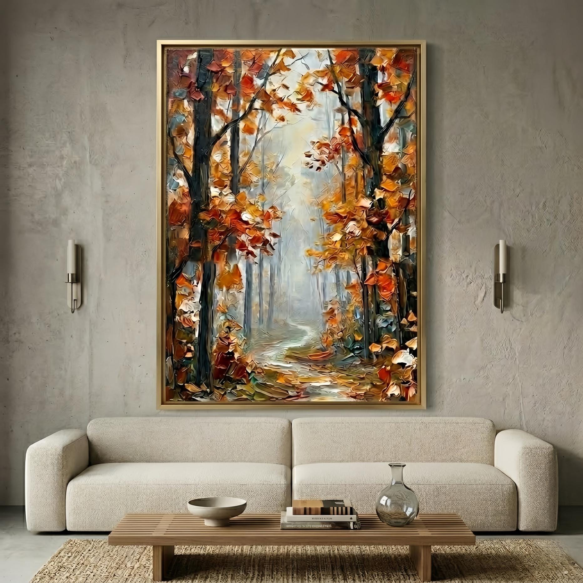 Vertical Autumn Forest Oil Painting on Canvas, 3D Impasto Fall Landscape Wall Art, Tall Narrow Nature Decor,Original Hand-Painted Gift