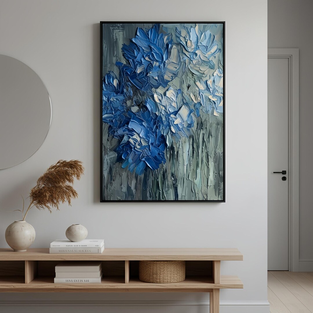 Large Blue Floral Abstract Oil Painting on Canvas, Textured Wall Art ...
