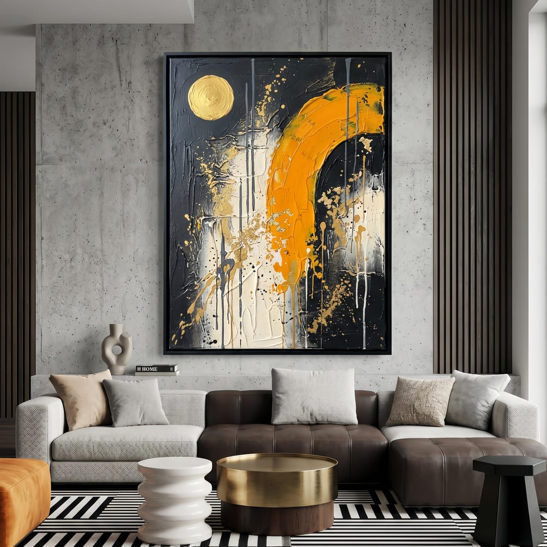 Large Abstract Gold Leaf Oil Painting Black Yellow Textured Wall Art ...