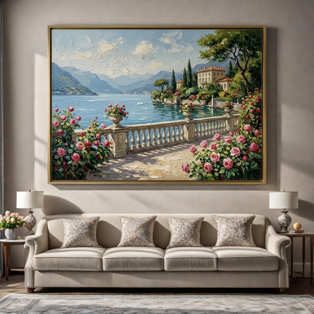 Original Lake Como Oil Painting, Italian Villa Landscape Wall Art,heavy ...