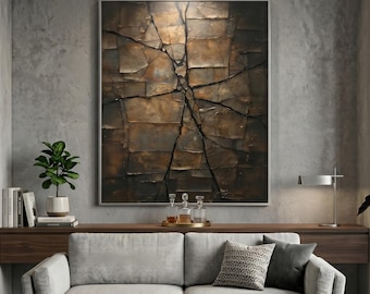 Gran pintura al óleo abstracta industrial, arte mural texturizado en tonos tierra marrón, tierra agrietada, impasto denso, lienzo con espátula, decoración moderna y masculina.