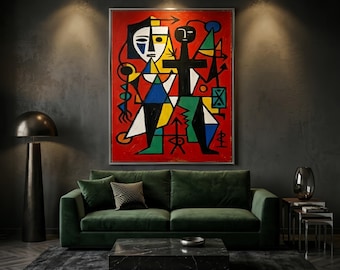 Original Abstract Cubist Oil Painting, Picasso Style Geometric Human Figure Wall Art, Mid Century Modern Canvas, Bold Red Bold Texture Decor