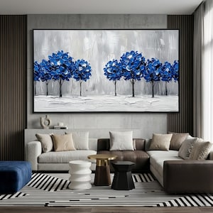 Large 3D Impasto Blue Tree Oil Painting, Heavy Texture Abstract Forest Canvas Art, Palette Knife Navy Blue Wall Art,Hand-Painted Original