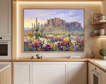 Große Wüstenlandschaft Impasto Ölgemälde auf Leinwand, Saguaros & Wildblumen Palettenmesser Kunst, südwestliche Wandkunst für Wohnzimmer