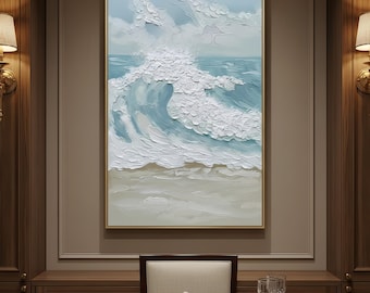 Original Large Abstract Ocean Wave Impasto Oil Painting,Textured Beach Wall Art,Modern Coastal Decor for Living Room,Blue and White Seascape