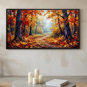 Grande dipinto ad olio di una foresta autunnale, paesaggio autunnale materico su tela, sentiero nel bosco con alberi colorati, decorazione da parete per il soggiorno.