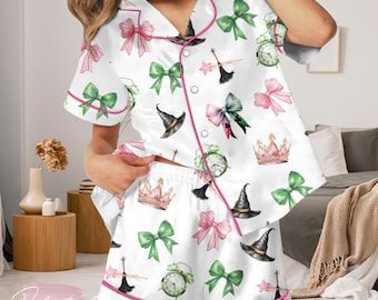Cute Witchy Pajama Set for Women, Pink Bow Sleepwear, Magical Loungewear, Soft Girl Aesthetic, Summer PJ Set