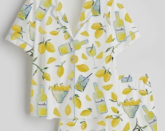 Cocktail Pajama Set Women, Lemon Pajamas Women, Vacation Pajamas Women, Summer Pajamas Women, Pajama Set Women, Gift For Her