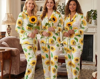 Sunflower Pajamas Set, Yellow Floral Summer Sleepwear, Cute Flower Lover Gift for Her, Botanical Satin Lounge Set, Aesthetic Sunshine Pjs