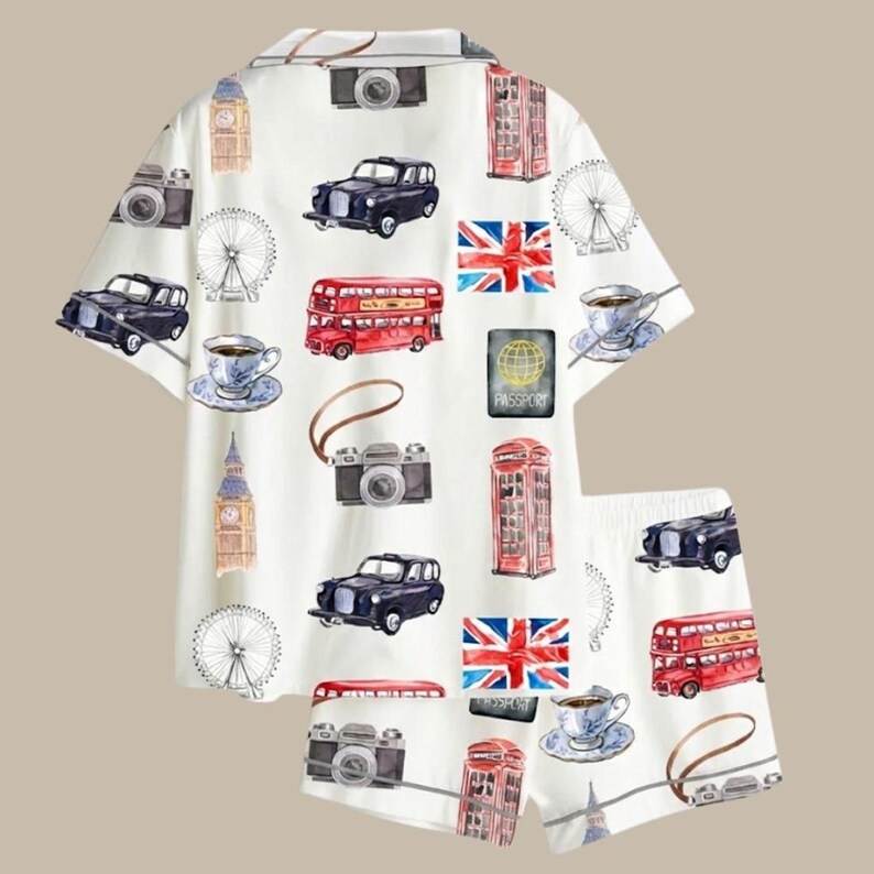 London Theme Silk Pajamas Set, British Style Sleepwear for Women, UK ...
