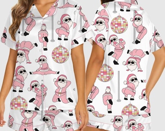 Women's Satin Christmas Pajama Set – Funny Dancing Santa Print Sleepwear, Pink Holiday Loungewear