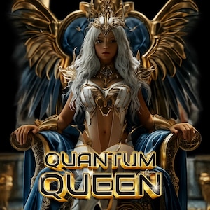 May include: A digital illustration of a woman in a gold and white outfit, seated on a throne. The throne has gold accents and blue fabric. The woman wears a crown and has long, silver hair. The image includes the text "QUANTUM QUEEN" in gold.