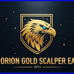 May include: Gold eagle head logo within a gold shield on a dark blue background. The text "ORION GOLD SCALPER EA" is displayed in gold, with "MT4" below. The eagle has blue eyes and is surrounded by stars and circuit board lines.
