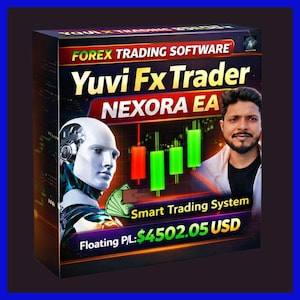 Puede incluir: Caja de producto con el texto "FOREX TRADING SOFTWARE" y "Yuvi Fx Trader NEXORA EA". La caja presenta una cabeza de robot futurista, un hombre y un gráfico con barras verdes y rojas. También se ve el texto "Smart Trading System" y "Floating P/L: $4502.05 USD".