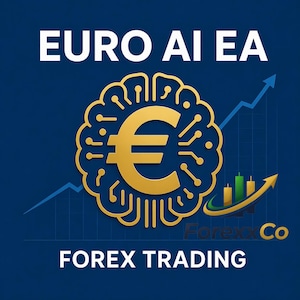 May include: A graphic with the text "EURO AI EA" at the top and "FOREX TRADING" at the bottom. The image features a gold Euro symbol inside a brain-shaped design, with a rising arrow and a chart in the background, all on a dark blue backdrop.