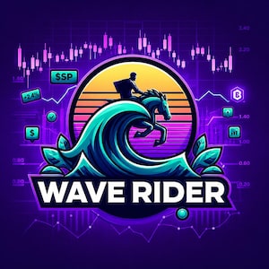 Könnte beinhalten: Eine kreisförmige Grafik mit der Silhouette einer Person auf einem Pferd, das aus einer türkisfarbenen Meereswelle vor einem Sonnenuntergangshintergrund auftaucht. Der Text WAVE RIDER steht darunter, ergänzt durch Börsencharts und Datensymbole.