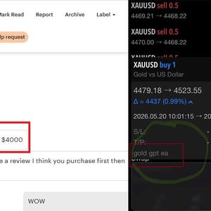 Puede incluir: Captura de pantalla de una plataforma de trading móvil que muestra datos financieros, incluidos los precios del oro y una ganancia de 4437 $. El texto incluye "I woke up and the bot makes $4000" y "gold gpt ea".