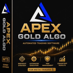 Peut inclure: Graphique promotionnel pour le logiciel de trading automatisé "APEX GOLD ALGO". Le design présente une palette de couleurs or et argent avec un logo bleu et blanc. Les principales caractéristiques incluent la stratégie de rupture, l'exécution automatisée, la gestion des risques et des résultats constants.