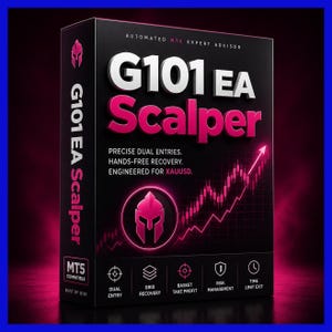 May include: A black rectangular software box for G101 EA Scalper, an automated MT5 expert advisor. The front features white and pink text, a pink spartan helmet icon, and a rising stock market graph. Bottom icons indicate features like dual entry.
