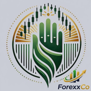 May include: A logo featuring a stylized green hand with a gold outline, surrounded by a gold circle with small dots. Above the hand are green and black candlestick charts, with the text "ForexxCo" at the bottom.