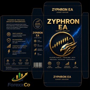Peut inclure: Une boîte bleu foncé avec du texte et des graphiques dorés faisant la promotion de "Zyphron EA", un conseiller expert pour le trading algorithmique. Le design comprend un aigle stylisé, des graphiques et des icônes.