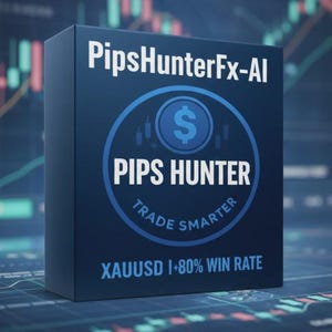 May include: A dark blue rectangular box featuring the white text PipsHunterFx-AI at the top, a central circular logo with a dollar sign, the words PIPS HUNTER TRADE SMARTER, and the text XAUUSD I+80% WIN RATE printed at the bottom.