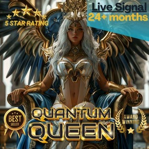 May include: An artistic rendering of a woman in a gold and white outfit, seated on a throne. The image includes text that reads "Quantum Queen", "Best Seller", "Award Winning", "Live Signal 24+ months", and a 5-star rating.