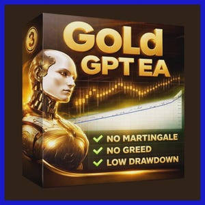 May include: A product box with the text "Gold GPT EA" in gold lettering. The box features a futuristic, golden-toned cyborg image and a chart. The box also lists "No Martingale", "No Greed", and "Low Drawdown".