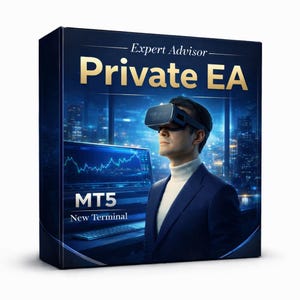 May include: A product box with a dark blue background features the text "Expert Advisor - Private EA" in gold lettering. A man wearing a VR headset is in the foreground. The text "MT5 New Terminal" is also visible.
