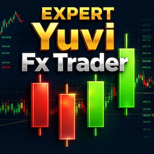 May include: A digital graphic featuring the text EXPERT Yuvi Fx Trader in gold and silver 3D lettering. The background displays a dark financial stock market chart with glowing red and green candlestick patterns representing market price movements.