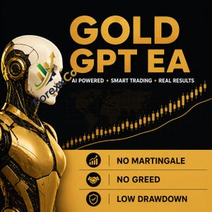 May include: A digital illustration features a golden robot with the text "GOLD GPT EA". The text "AI POWERED - SMART TRADING - REAL RESULTS" is also displayed. Below, three icons with text: "NO MARTINGALE", "NO GREED", and "LOW DRAWDOWN".