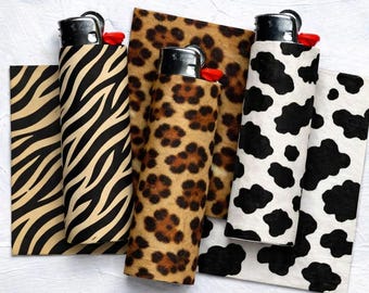 Niedliches Tierdruck-Feuerzeug-Wraps | Kuh & Leopard Designs | Wasserfester Vinyl-Aufkleber | Ästhetische Feuerzeughaut | Geschenkidee