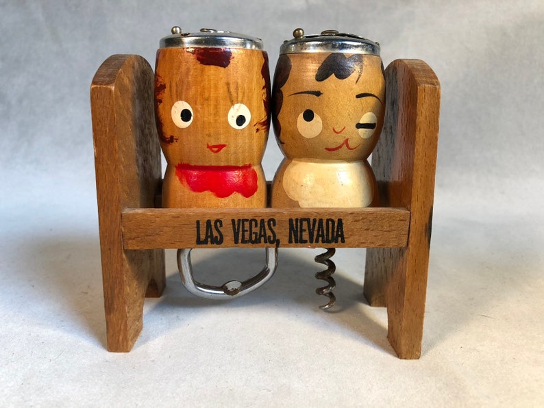 Vintage Wood Couple on a Bench Salt and Pepper Shakers Corkscrew Bottle Opener Kitsch Las Vegas Souvenir