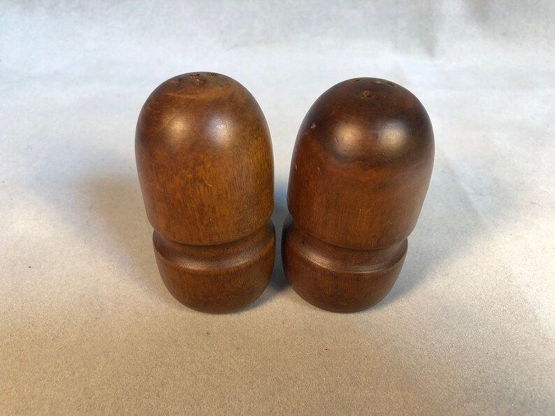 Vintage Mid Century Modern Teak Salt and Pepper Shakers Bullet Shape